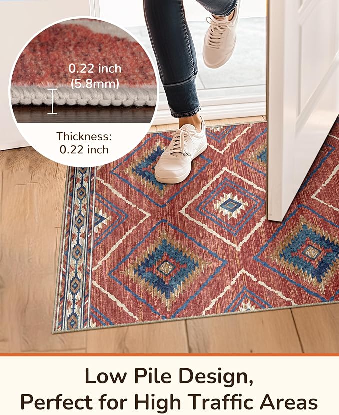 2'x6' Washable Area Rug for Living Room Runner Red/Orange | Soft Western No Slip Low Pile Print Foldable Indoor Small Rug for Kitchen entrance entryway hallway