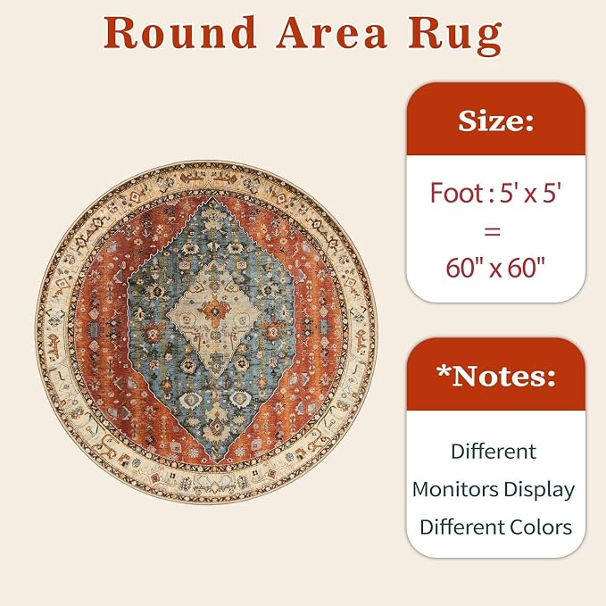 SERISSA 5ft Washable Non Slip Round Boho Area Rug for Bedroom | Ultra Soft Vintage Oriental Carpet Low-Pile Tribal Rust Circular Indoor Mat for Entryway Kids Room College Dorm Living Room