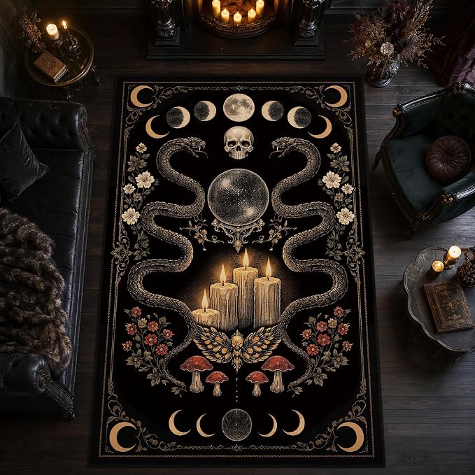 5x7 Gothic Area Rug for Living Room Bedroom Goth Skull Snake Witch Dark Black Large Rug Machine Washable Non-Slip Carpet for Dining Room Office