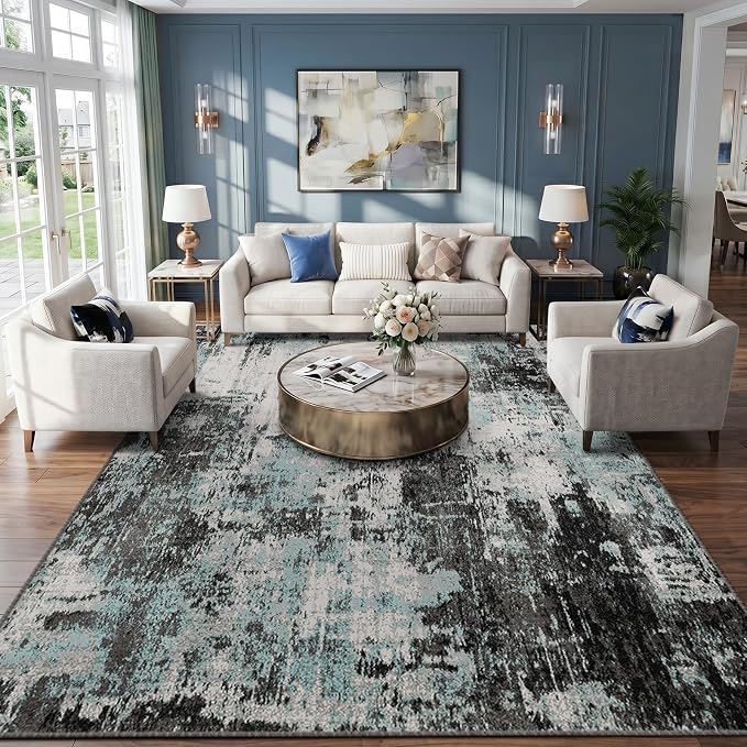 RELEANY Washable 9'x12' Abstract Area Rug for Living Room Teal Black | Carpet for Bedroom, Kitchen, Office, Hallway and Entryway, Printed Pattern, Non‑Slip, Soft, Stain‑Resistant, Easy to Clean