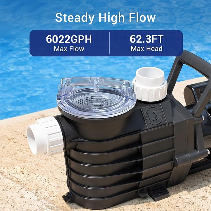1HP Pool Pump Inground, 6022 GPH, 115/208-230V, Powerful Self Primming In/Above Ground Pool Pump, Low Noise Swimming Pool Pump with Large Filter Basket & 2/1.5" Fittings
