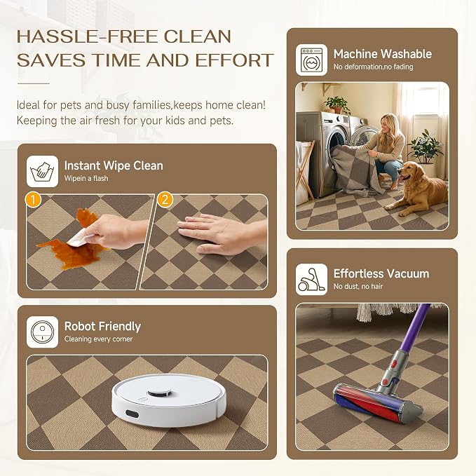 PureCozy 5x8 Checkered Easy Jute Area Rug for Living Room Checkerboard Washable Indoor Outdoor Carpet Farmhouse Patio Office Mat Geometric Non Slip Brown Carpet for Backyard Dining Room