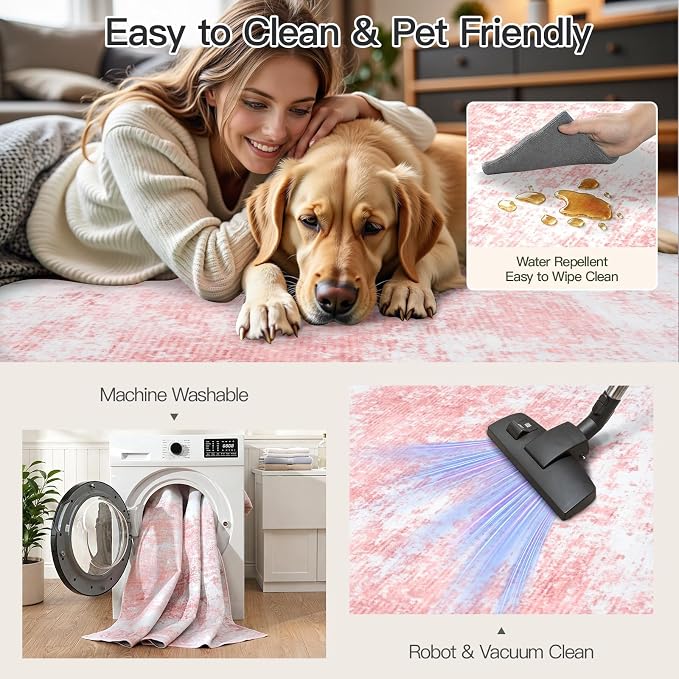 8x10 Area Rug for Living Room, Abstract Washable Large Rugs,Dusty Pink | Neutral Carpet for Bedroom, Dining Room, Home Office Nursery Indoor, Stain Resistant, Low Pile, Non-Shedding Modern Rug