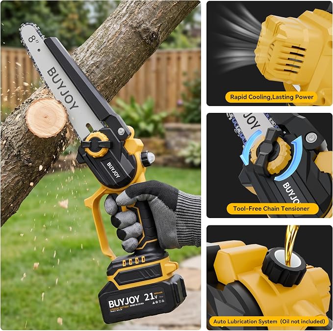 BUYJOY 2-in-1 Mini Chainsaw & Electric Pruning Shears, 1.8" Cutting Capacity, 8 Inch Cordless Chainsaw with 2 x 4.0Ah Batteries, Battery Powered Branch Cutter for Tree Trimming and Garden Pruning