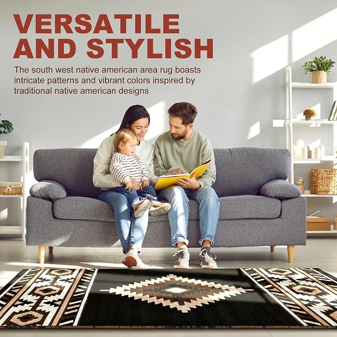 YHSF Southwestern Area Rug - Anti Static & Washable - Black, 5 ft x 7 ft | Soft Native American Tribal Floor Rugs for Living Room, Bedroom, Hallways, and More - Easy-to-Clean Home Decors