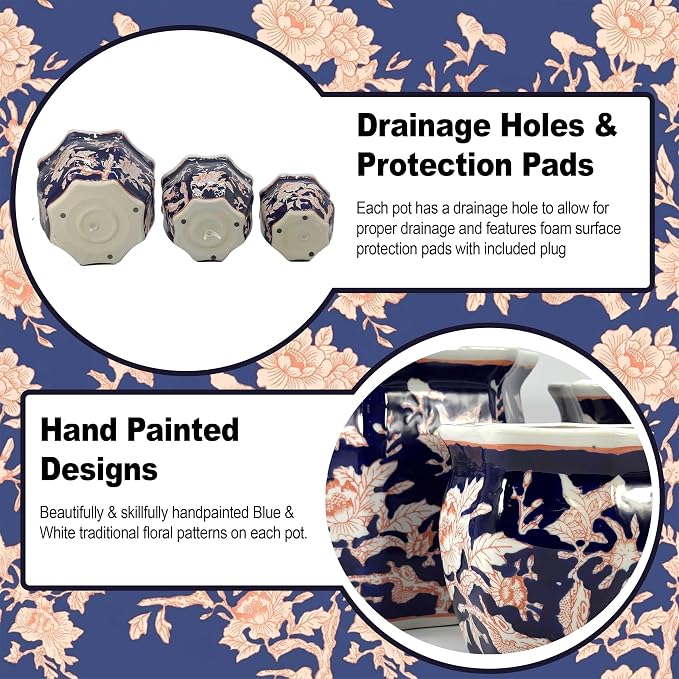 Galt International Blue & Pink Round Fluted Floral Porcelain Ceramic Plant Flower Planter Pot Set of 3 (7.5", 10", 13") Garden Pots Chinese Asian Design