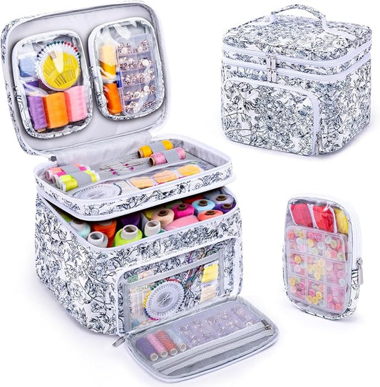 AMOIGEE Double-Layer Sewing Organizer Storage Bag with 2 Detachable Pouches, Large Quilted Sewing Basket for Supplies & Tools, Portable Travel Sewing Kit Case, Gift for Mom(BAG ONLY)