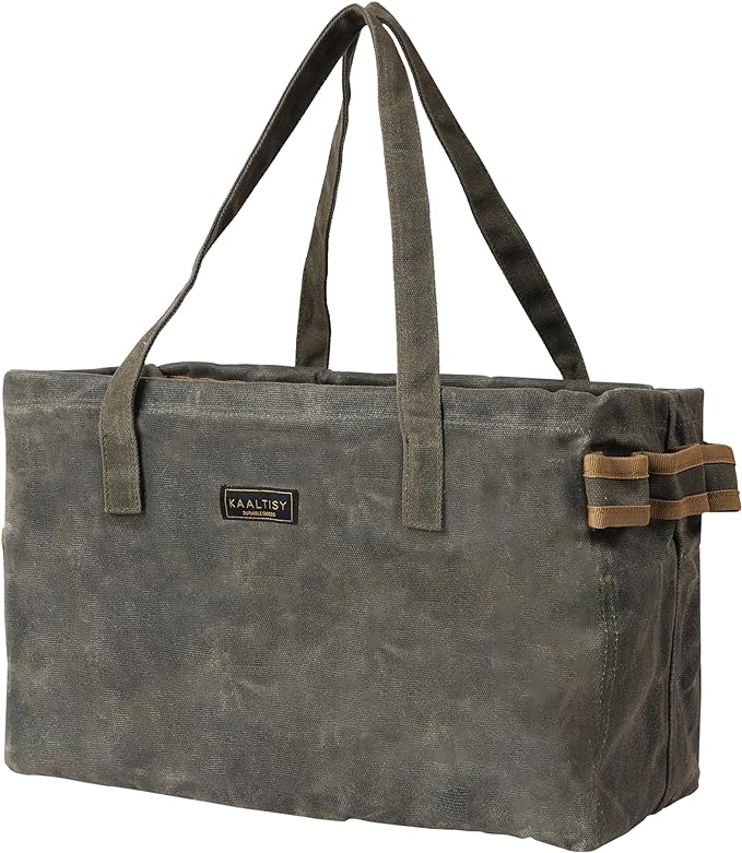 Canvas Tool Tote Bag | 16OZ Waxed Canvas Tool Carrying Bag - with 8 Pockets & Top Metal Support Rods, Rectangular Top Open Tool Tote Bag for Chisels Wrench Hammer Level | Army Green