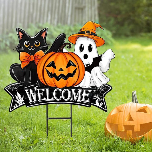 JarThenaAMCS Vintage Halloween Metal Garden Stake Pumpkin Ghost Black Cat Decorative Lawn Sign Welcome Yard Sign for Trick or Treat Party Home Outside Lawn Porch Decor