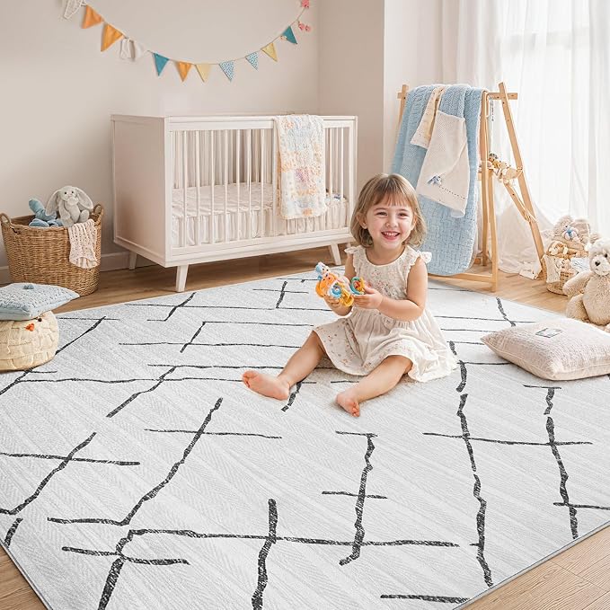 kakania Washable 10x12 Area Rug for Living Room: Boho Geometry Home Decor | Soft Stain Resistant, Low-Pile, Non-Slip, Pet & Kid Friendly, Thin Rug for Bedroom/Dining Room/Kids Dorm - Light Grey