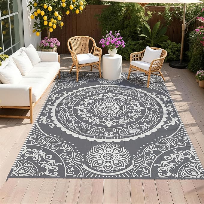 Pauwer Waterproof Outdoor Rug 6x9, Reversible Plastic Straw Patio Camping Rug, Indoor Outdoor RV Mat Carpet for Deck, Camper, Porch, Balcony, Backyard, Picnic, Paisley Grey