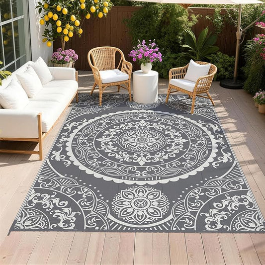 Pauwer Waterproof Outdoor Rug 6x9, Reversible Plastic Straw Patio Camping Rug, Indoor Outdoor RV Mat Carpet for Deck, Camper, Porch, Balcony, Backyard, Picnic, Paisley Grey