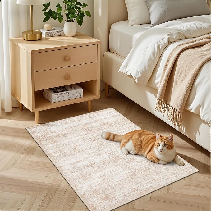 2x3 Area Rugs Living Room: Washable Rug for Bedroom Beige Brown | Boho No Slip Stain Resistant Rug Soft Indoor Decor Floor Floral 2x3 Area Rugs for Dining Room, Nursery, Hallway, Home Office