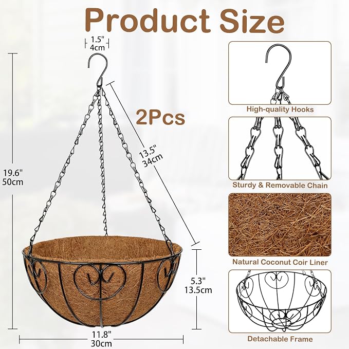 12 inch Metal Hanging Baskets for Plants Outdoor, 2 Pack Metal Wire Hanging Basket Planter with Coco Liner Flower Pots for Indoor Outdoor Garden Porch Patio, Heart-Shaped