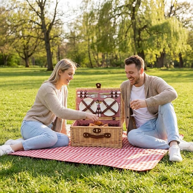 Multifunctional Wicker Picnic Basket Set for 4 Blanket Family Folding Wine Table,Insulated Portable Extra Big Storage Capacity Woven Rattan Canasta De Full Tablewares Camping Outdoor Flowers Pink