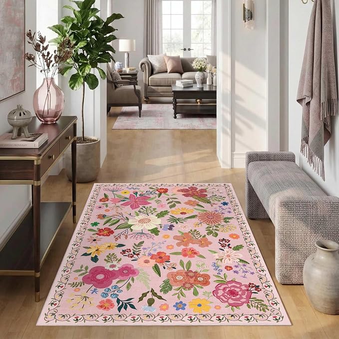 Latte&Fog Washable Pink 4x6 Area Rug for Entryway Cute Floral Rugs | for Girls Bedroom Dining Kitchen Kids Playroom Nursery Classroom Dorm Farmhouse Office, Non Slip Low Pile Soft Floral Carpet