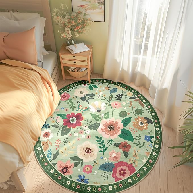 RELEANY Floral Washable Round 6ft Area Rug LightGreen | Flower Carpet, Print, Boho, Non-Slip, Easy to Clean, Soft, Low Pile for Living Room Bedroom Kitchen Office Entryway Hallway