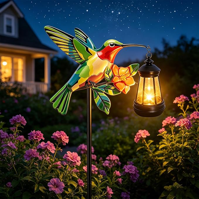 2 Pack Hummingbird Solar Garden lights Outdoor Waterproof, Gifts for Women Mom Grandma Daughter, Stake lights with Solar Lantern, Hanging Solar Lights, Solar Path Light Yard Outside Patio Garden Decor