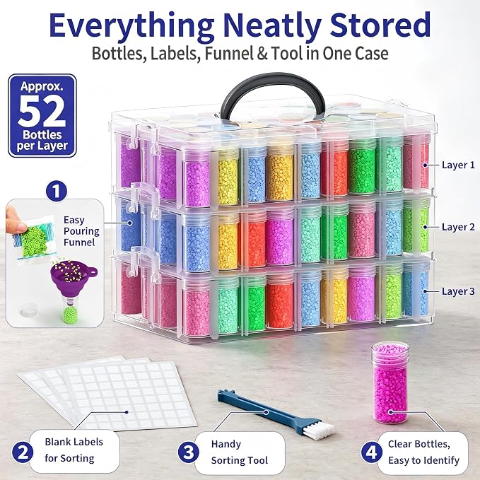 3-Tier Diamond Painting Storage Box,156 Slot Diamond Art Storage，Suitable for Pills, Seed, DIY Diamond Art Storage Containers