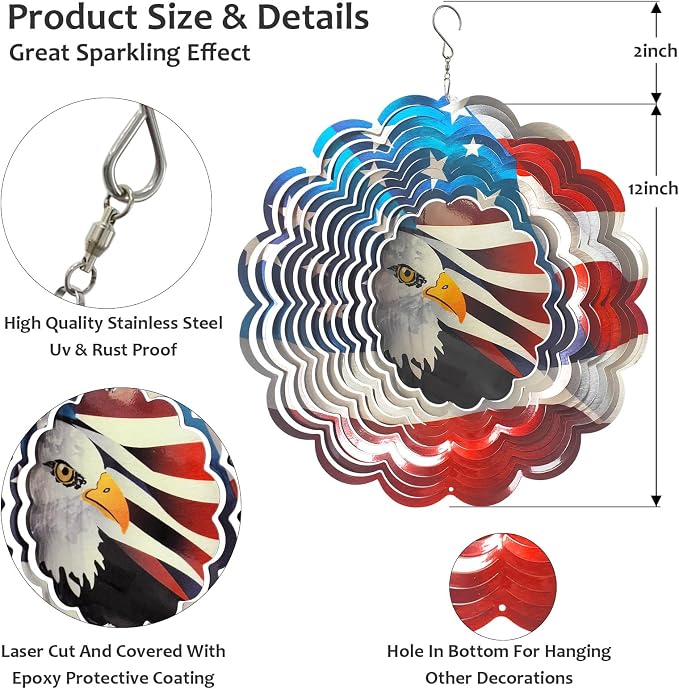 3D Eagle Wind Spinner, America 250 Independence Anniversary Patriotic Decor, USA Flag Bald Eagle Design, 12In Metal Hanging Wind Sculpture for 4th of July, Memorial Day, National