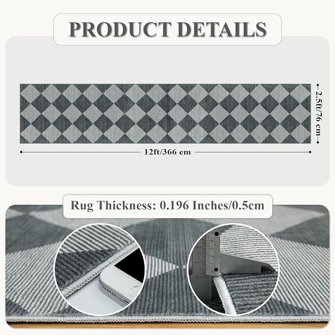 Beeiva Checkered Rug Runner for Hallways 2.5x12, Kitchen Runner Rugs Non Skid Washable Ultra Thin, Moroccan Extra Long Carpet for Bathroom Decor, Modern Plaid Carpet for Kitchen (Blue/Grey)