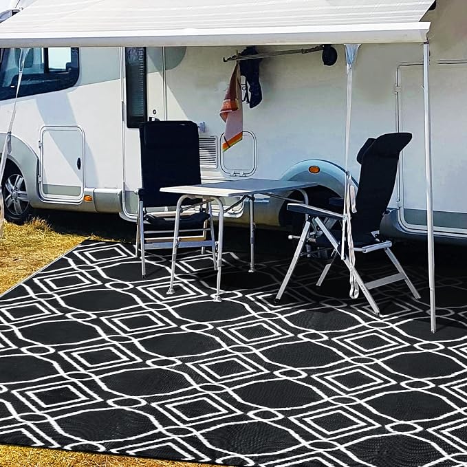 Kohree Outdoor Rug 6x9, Waterproof RV Outdoor Rugs, Reversible Outdoor Camping Rug Patio Rugs Clearance with 4 Corner Loops for RV, Deck, Backyard, Picnic, Easy to Clean & Carry, Black & White