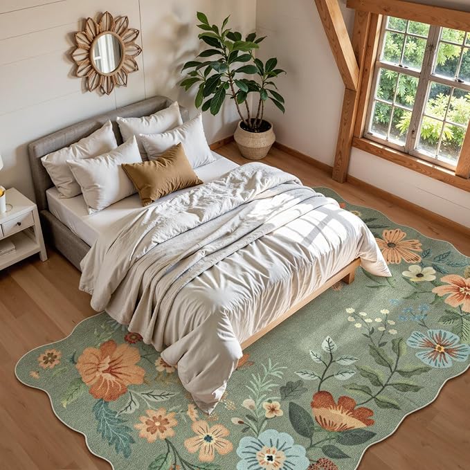 Lahome Floral 9x12 Area Rugs for Living Room Bedroom, Soft Washable Rugs | Stain Resistant Ultra-Thin Non-Slip Boho Dining Room Rug Accent Carpet for Office Flore (9x12ft, Green)