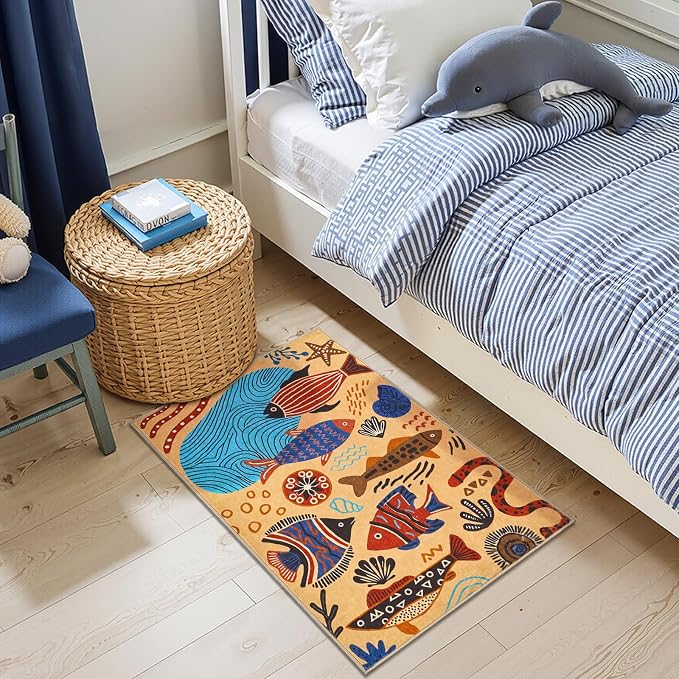 jinchan 2x3 Coastal Area Rug Washable Kids Rug Colorful Ocean Fish Mat, Tan | Soft, Cozy, Non-Slip, Kid-Friendly, Lightweight, Entryway, Small Mat, Kitchen, Dorm, Bedroom, Laundry Room, Bathroom, Nursery