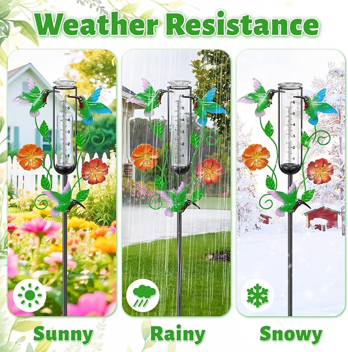 35.4” Hummingbird Rain Gauge Outdoor, Metal Rain Gauges Stake with 6“ Glass Tube, Decorative Rain Gauges for Yard Garden Lawn for Precipitation Measurement
