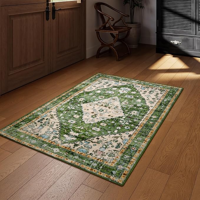 Lahome Felice Boho Tribal Area Rug - 3x5 Vintage Green Rug for Bedroom, Soft Non Slip Washable Entry Bathroom Mat Bohemian Indoor Accent Floor Chair Carpet for Entrance Coffee Table Foyer RV Hall
