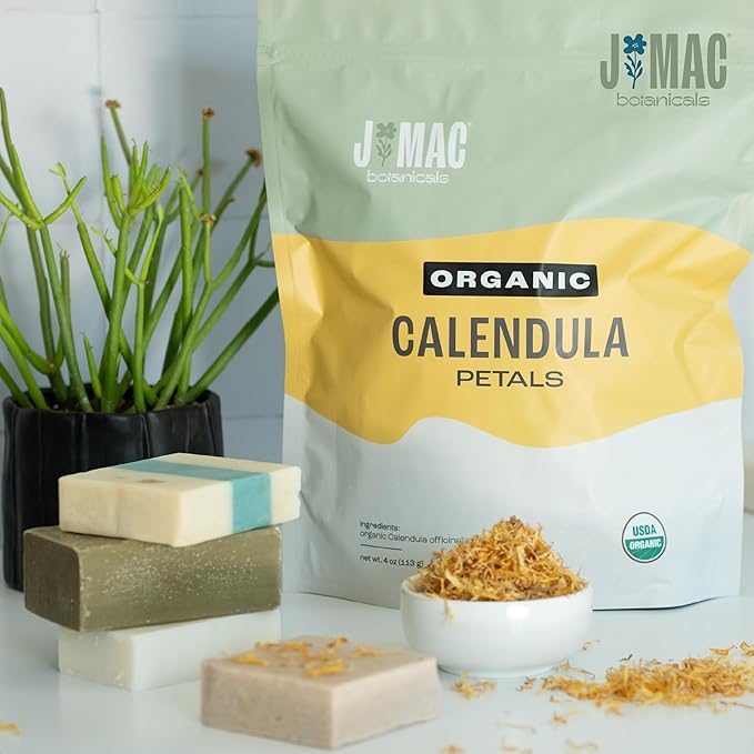 J Mac Botanicals, Organic Calendula Petals (4 oz) edible dried flowers, pairs well with rose petal for ice cubes, cooking, beverages, and bath bombs