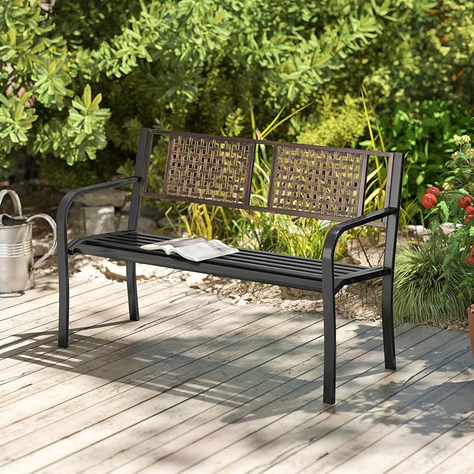 Tangkula 50” Outdoor Metal Park Bench, Outdoor Garden Bench for 2-3 People with Rattan-Like Backrest & Curved Armrests, Heavy-Duty Patio Modern Slatted Seating for Backyard, Poolside, Porch