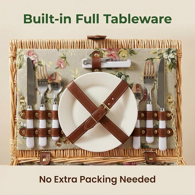 Multifunctional Wicker Picnic Basket Set for 2 Adults with Picnic Table and Blankets,Large Insulated Picnic Set with Wine Pouch and Full Tablewares for Camping Outdoor Couples Beach Wedding Flower