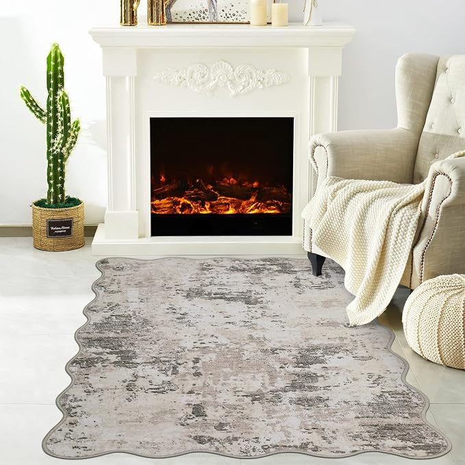 ROYHOME Modern Abstract 2x3 Scalloped Area Rug Non Slip, Brown Grey | Non Shedding Low Pile Stain Resistant Rug for Entryway Kitchen Bedroom