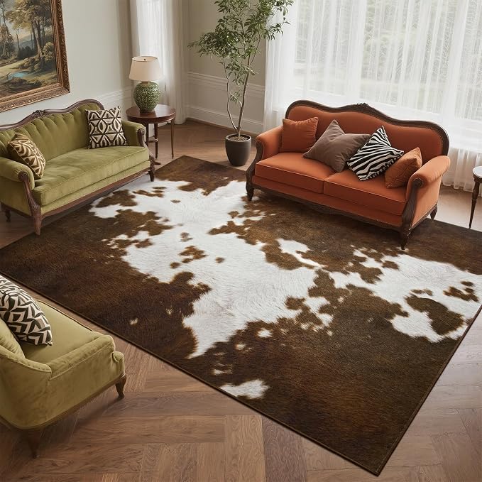 DweIke Cow Print Rugs for Living Room, 6x9 Large Soft Faux Animal Cowhide Area Rug, Washable Non-Slip Stain Resistant Throw Carpet for Dining Room Office Western Home Decor, Light Brown