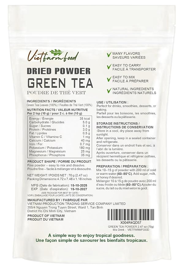 GREEN TEA POWDER 2.47 oz (70g) VIETFARMFOOD: Pure freeze-dried fruit powder, made from real fruit with no added sugar - Perfect for daily nutrition to keep your body full of vitality.