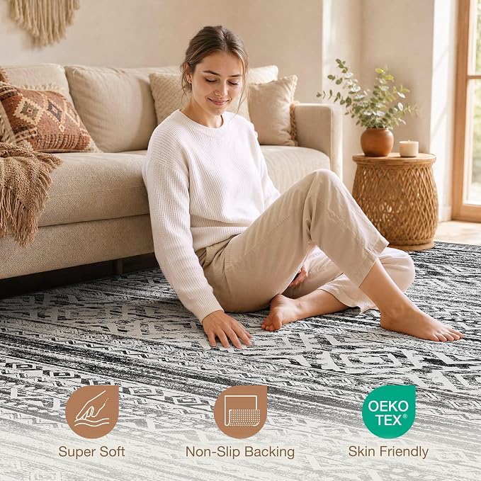 cotiled Boho 7x10 Area Rug for Living Room: Large Moroccan Washable Rug | Solve Modern Neutral Trendy Home Decor - Stain Resistan Indoor Carpet for Bedroom Farmhouse Dining Room White Black