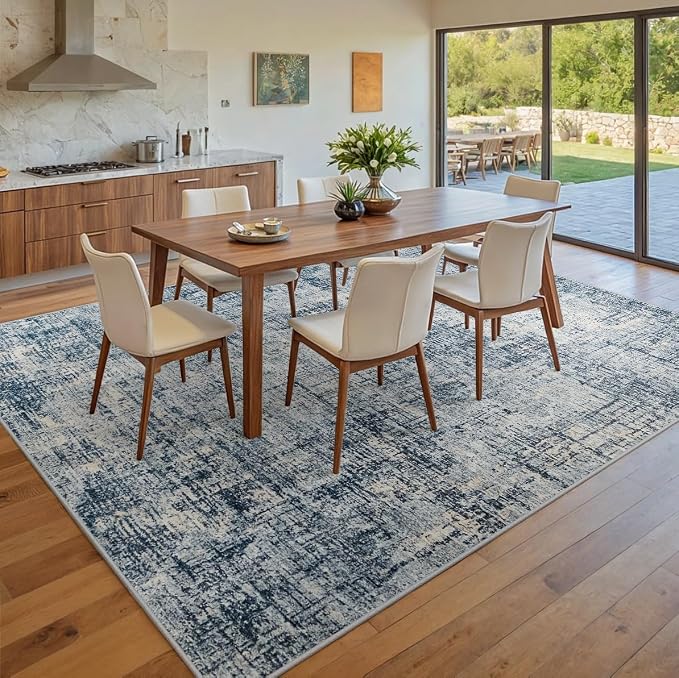 9x12 Washable Area Rug for Living Room Bedroom: Non-Slip Modern Blue Gold | Machine Washable TPR Backing, Stain-Resistant Low Pile, Pet & Kid Friendly, Abstract Decor for Dining Room, Dorm, Home Office