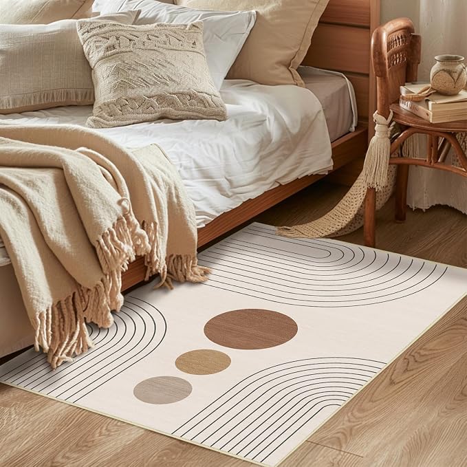 Boho Rug 4x6 Modern Geometric Minimalist Abstract Area Rug for Living Room Neutral Beige Mid Century Modern Contemporary Machine Washable Non-Slip Printed Low-Pile Carpet Dining Room Bedroom Office