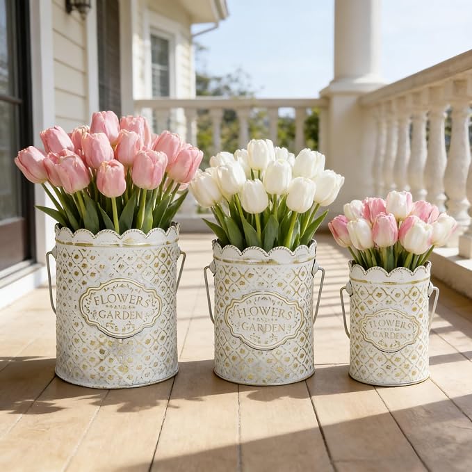Set of 3 Vintage Distressed Metal Planter Rustic "Flowers and Garden" Embossed Flower Pots with Scalloped Edge & Handle Farmhouse Decorative Floral Buckets for Dried Flowers, Home Garden Decor