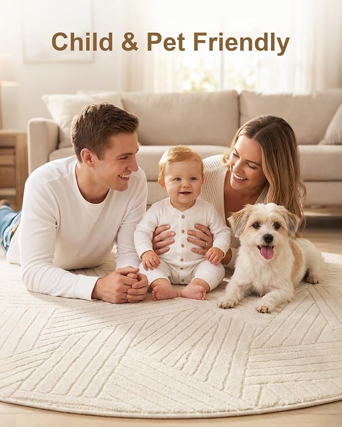 Carvapet Washable 6.5' Round Rug High Low Pile Beige Area Carpet | 3D-effect Soft plush non-slip indoor floor rug, ideal for living room, bedroom, home and kids nursery decor