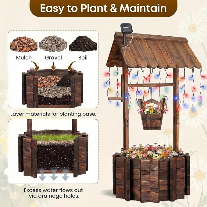 Wooden Wishing Well Planter With Light,4 Reinforced Rods,Dual Tier Planting | 8 Custom Lighting Modes, Adjustable Hanging Bucket, Multi-Yard Decor, Seasonal Plant Friendly, Easy Installation