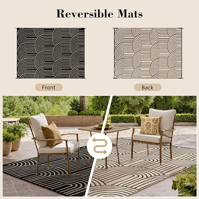 Lahome Black and White Outdoor Rug 9x12,Large Camping Rugs for Outside Your Rv,Outdoor Plastic Straw Mats Patio Waterproof,Porch Carpets for Beach Backyard Garden(Black,9'x12')