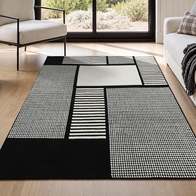 4x6 Black and White Area Rug, Washable Non Slip Modern Entry Carpet | Stain-resistant Low-pile Black and White Geometric Rug, Abstract Patchwork Carpet for Hallway and Home Office