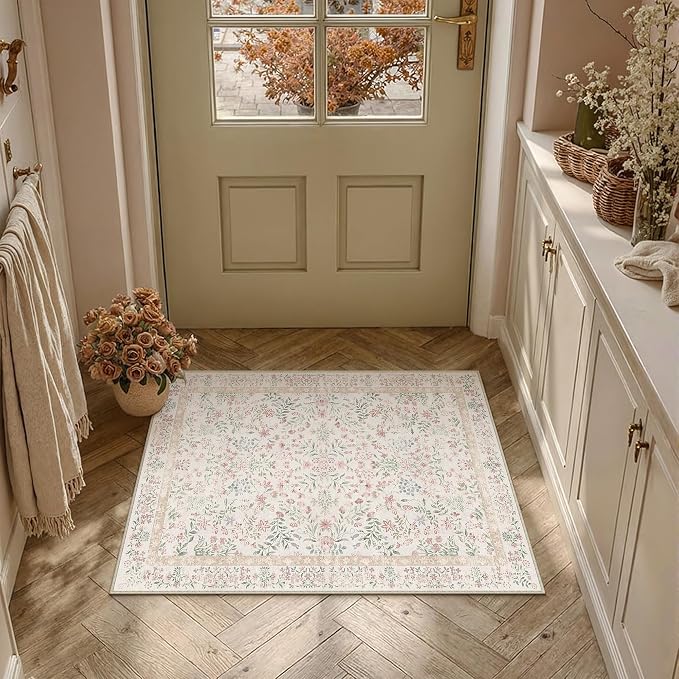 2x3 Pink Floral Small Entryway Rug Vintage Farmhouse Style | Washable, Non Slip, Soft Low Pile, Door Mat for Indoor Entrance, Kitchen, Bathroom, Botanical Decor