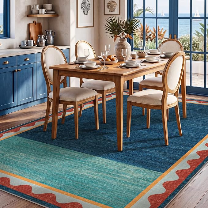Mid-Century Washed Style Area Rug 5x7 Washable Carpet for Living Room, Non-Slip Low Pile Soft Rug for Bedroom, Kitchen, Entryway, Retro Teal