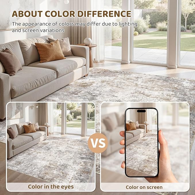 UERMEI 9x12 Area Rug Living Room Rugs - Washable Neutral Modern Abstract Soft Thin Large Rug Indoor Floor No Slip Rug Carpet for Bedroom Under Dining Table Home Office Decor - Brown Grey