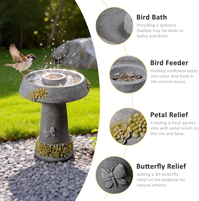 Bird Bath and Bird Feeder for Garden, 24" Resin Outdoor Fountain with 3D Butterfly & Petal Relief, Weather-Resistant Pedestal Water Feature for Yard, Patio, and Lawn Decor (Grey)