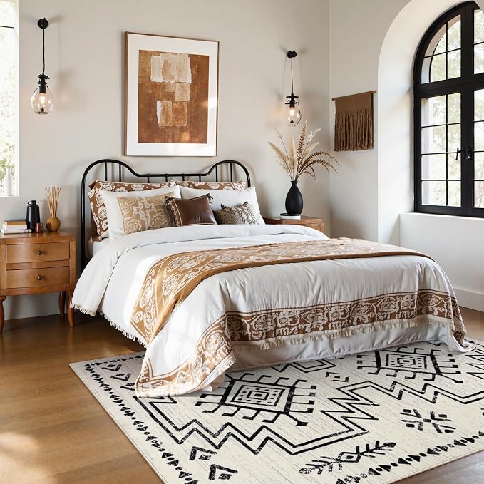 Lahome 5x7 Moroccan Living Room Rug, Western Washable Area Rugs for Bedroom | Boho Soft Low Pile Non Shedding Distressed Aztec Dining Room Carpet for Office Home Decor (Ivory)