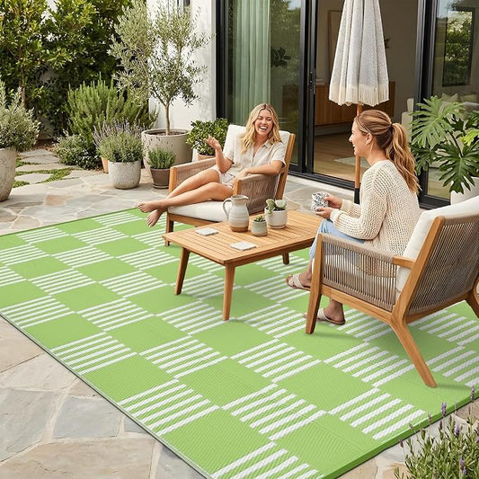 Garvee Waterproof Outdoor Rug 6x9, Checkered Foldable Plastic Straw Patio Camping Rug, Outdoor RV Carpet for Deck Camper Porch Balcony Backyard Picnic Beach Green and White